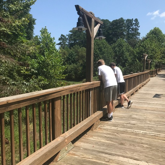 Two Piedmont students share a chat while looking over the Swanson Bridge.